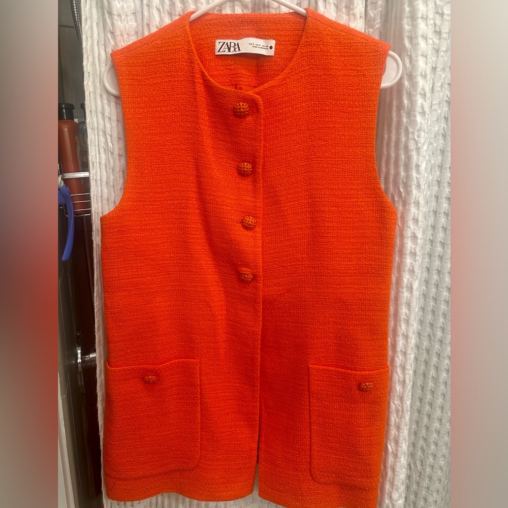 Zara Bright Orange Sleeveless Bouclé Vest